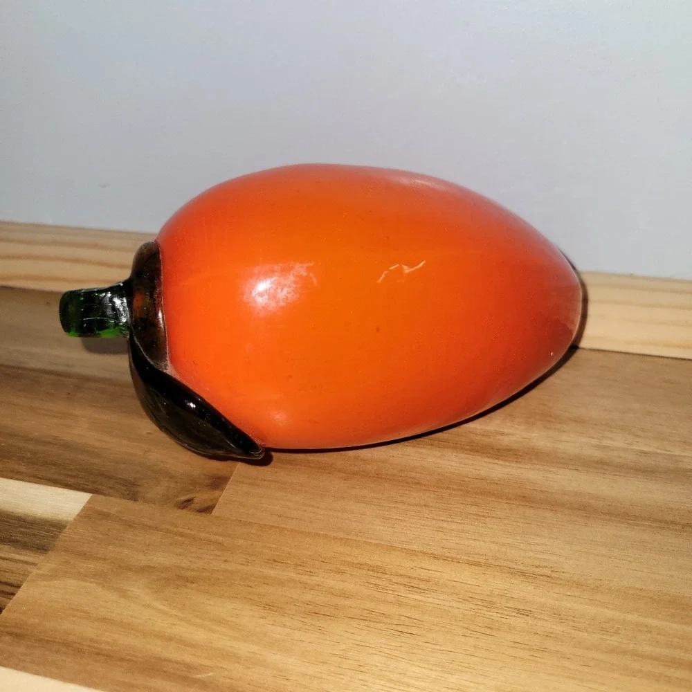 Murano Style Glass Orange Colored Mango with Green Leaf and Stem 6
